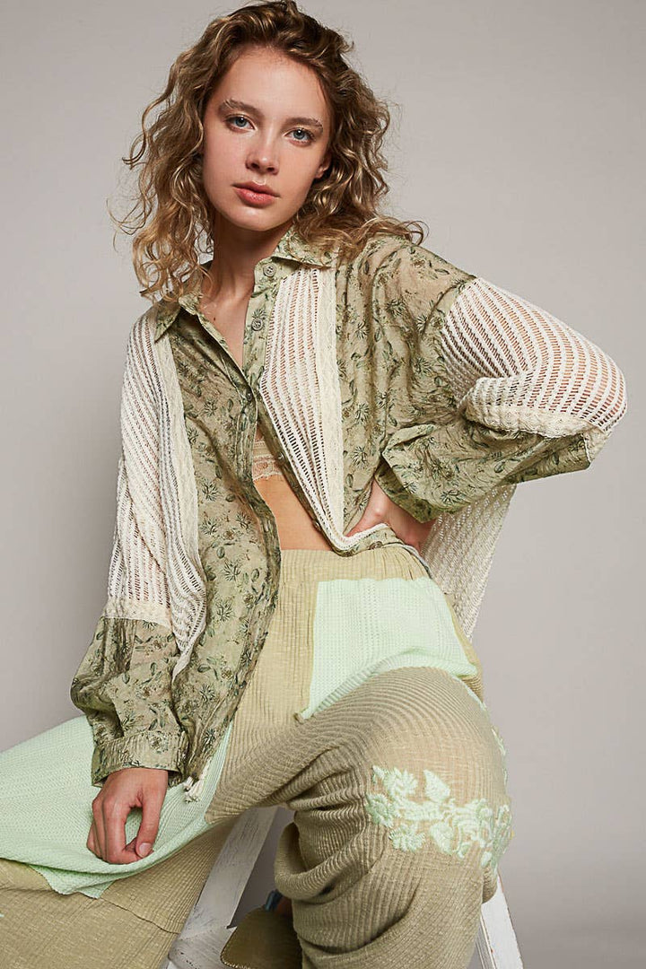 Vintage Olive Floral Button-Up Top with Cream Mesh Panel Accents