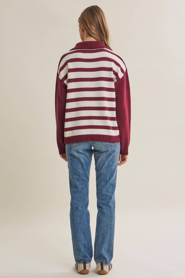 EVERGREEN DAYS CLASSIC HALF ZIP STRIPE PULLOVER SWEATER
