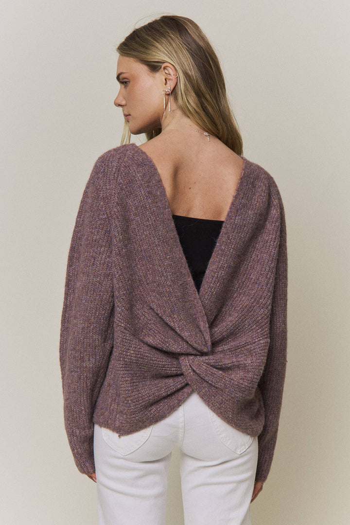 Everly reversible heathered mauve knit sweater worn with twist detail in back