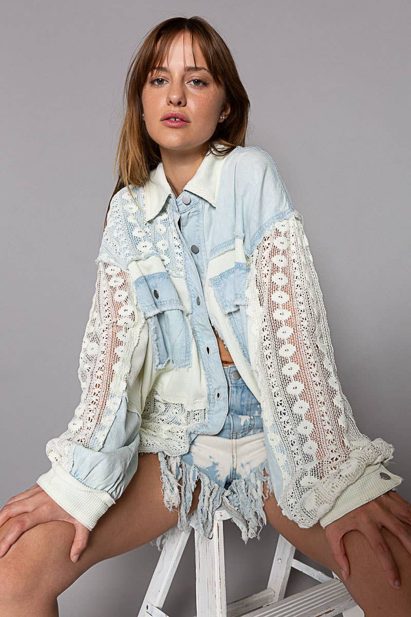 Oversize contrast lace crochet collared button down shirt