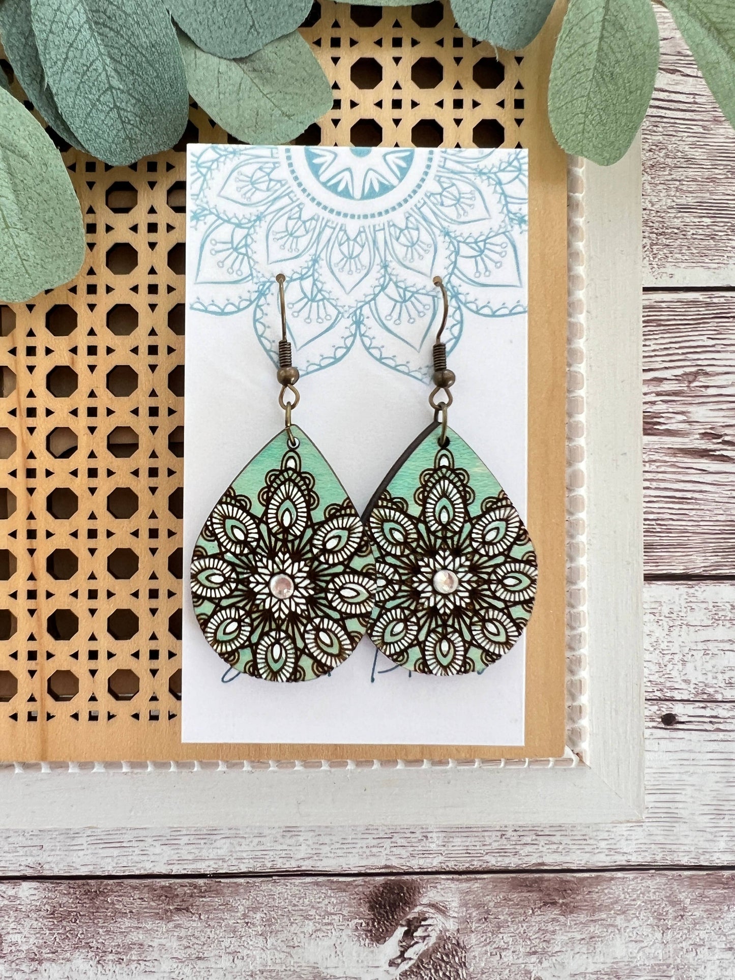 Wooden Earrings - Mandala- Green