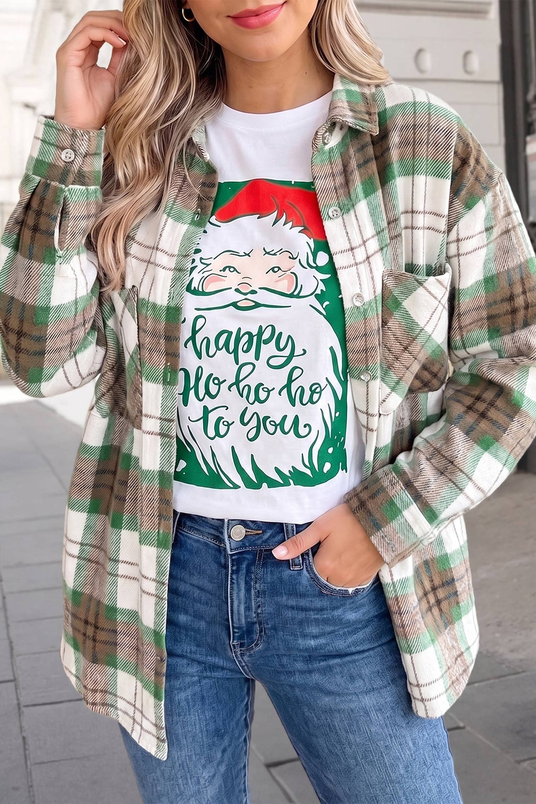 Christmas Plaid Long Sleeve Shacket | S-XL