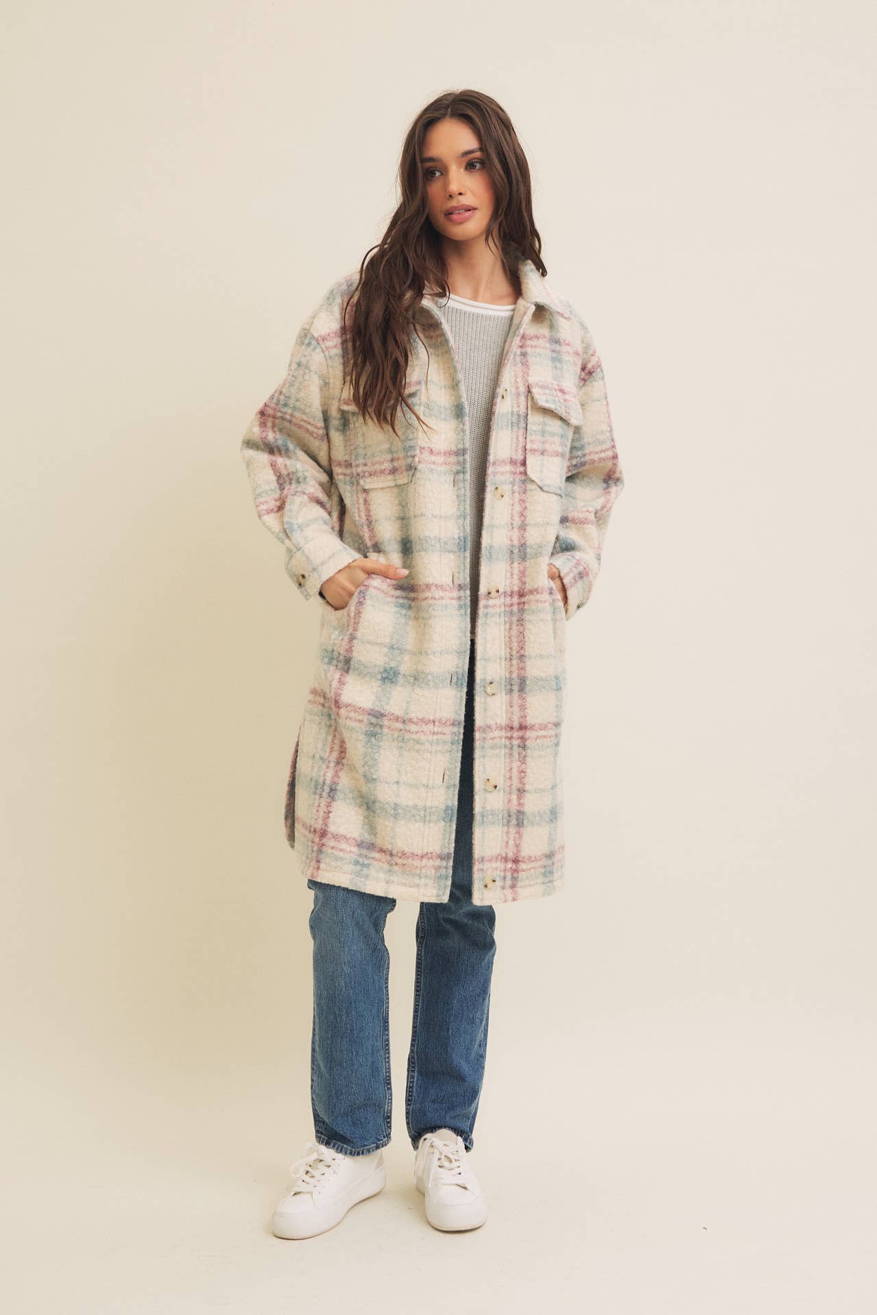 WESTERN PLAID BOUCLE OVERSIZED SHACKET WITH POCKETS