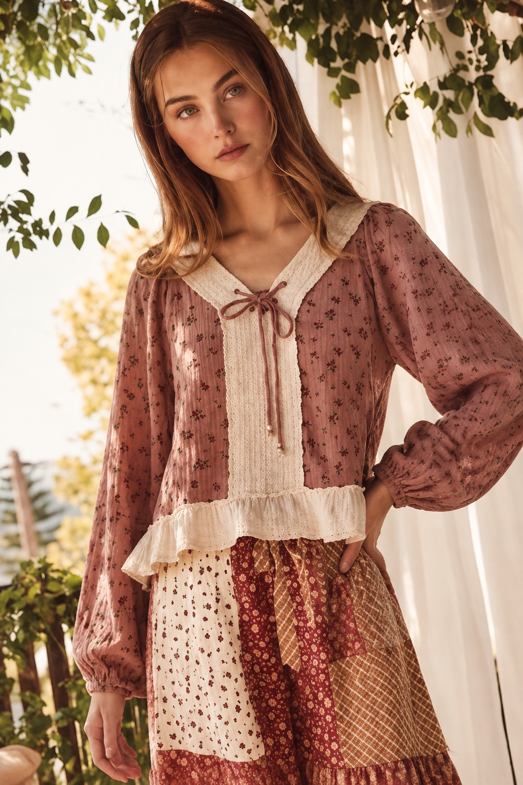Vintage Rose Floral Gauze Trim Top