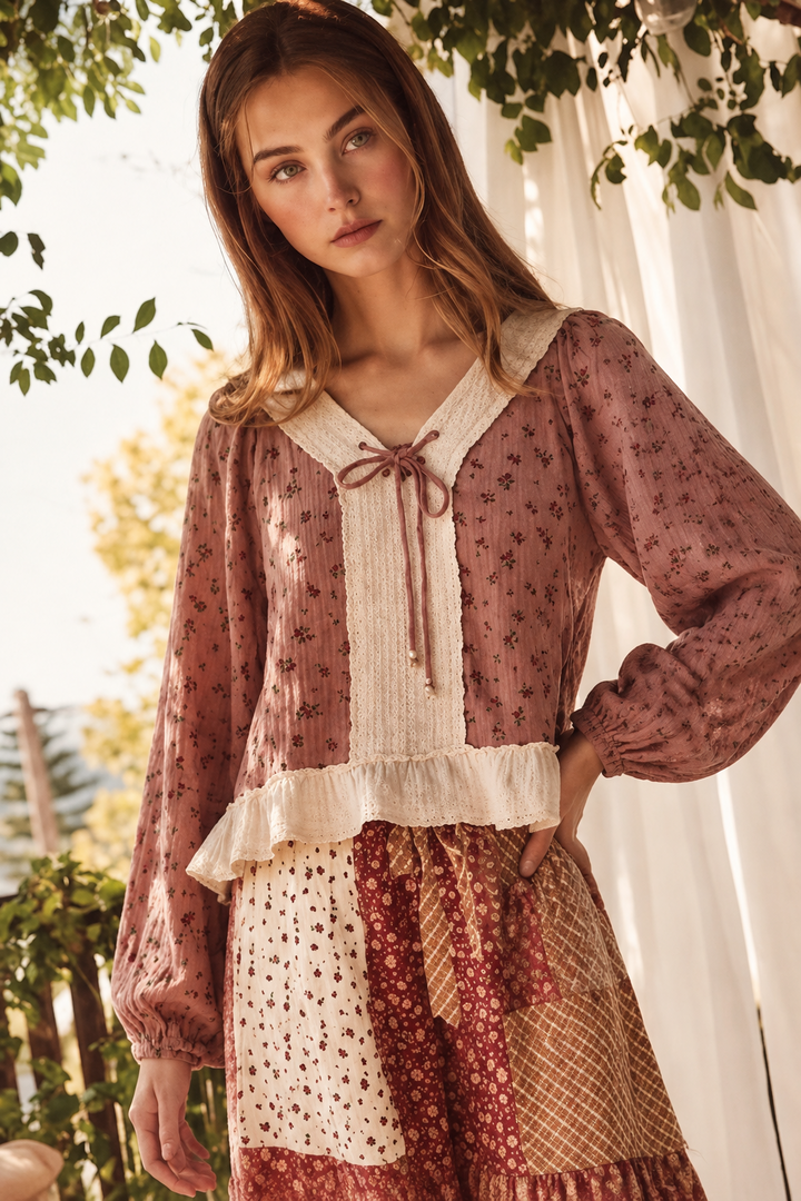 Vintage Rose Floral Gauze Trim Top
