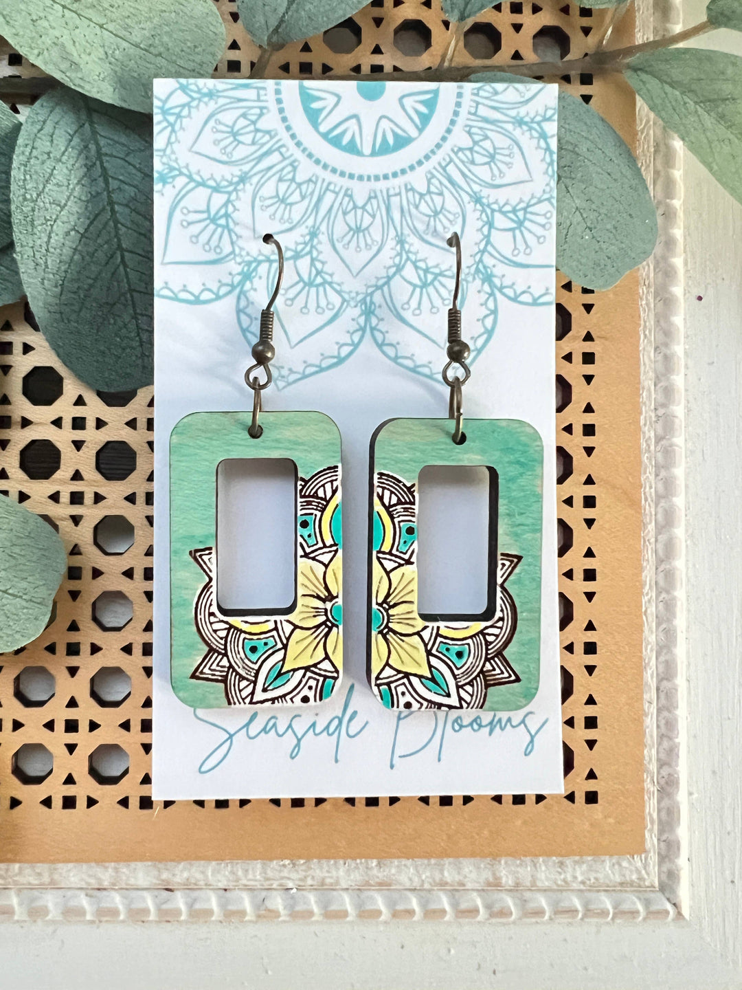 Wooden Earrings - Rectangle Aqua & Yellow Mandala