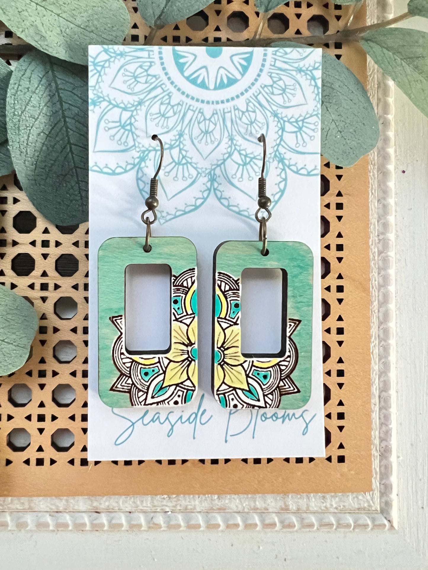 Wooden Earrings - Rectangle Aqua & Yellow Mandala