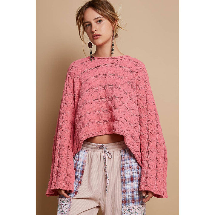 Round neck semi cropped knitted solid sweater