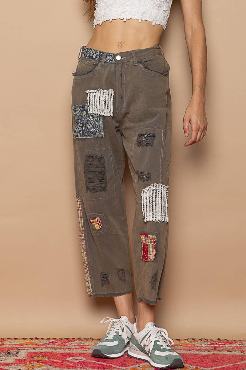 Patch work detail ankle length denim pants