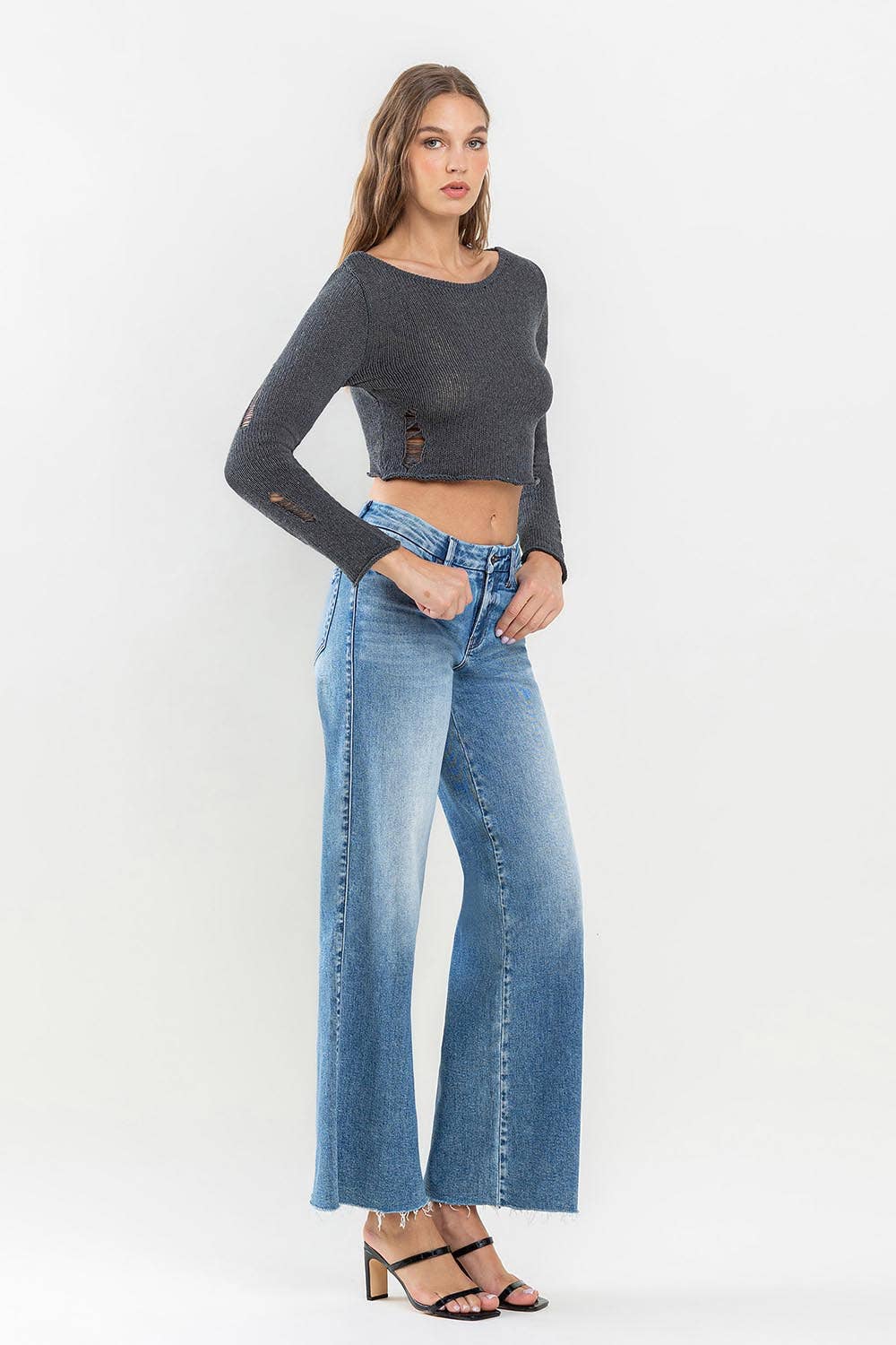 Olivia - Mid Rise Clean Cut Raw Hem Wide Jeans