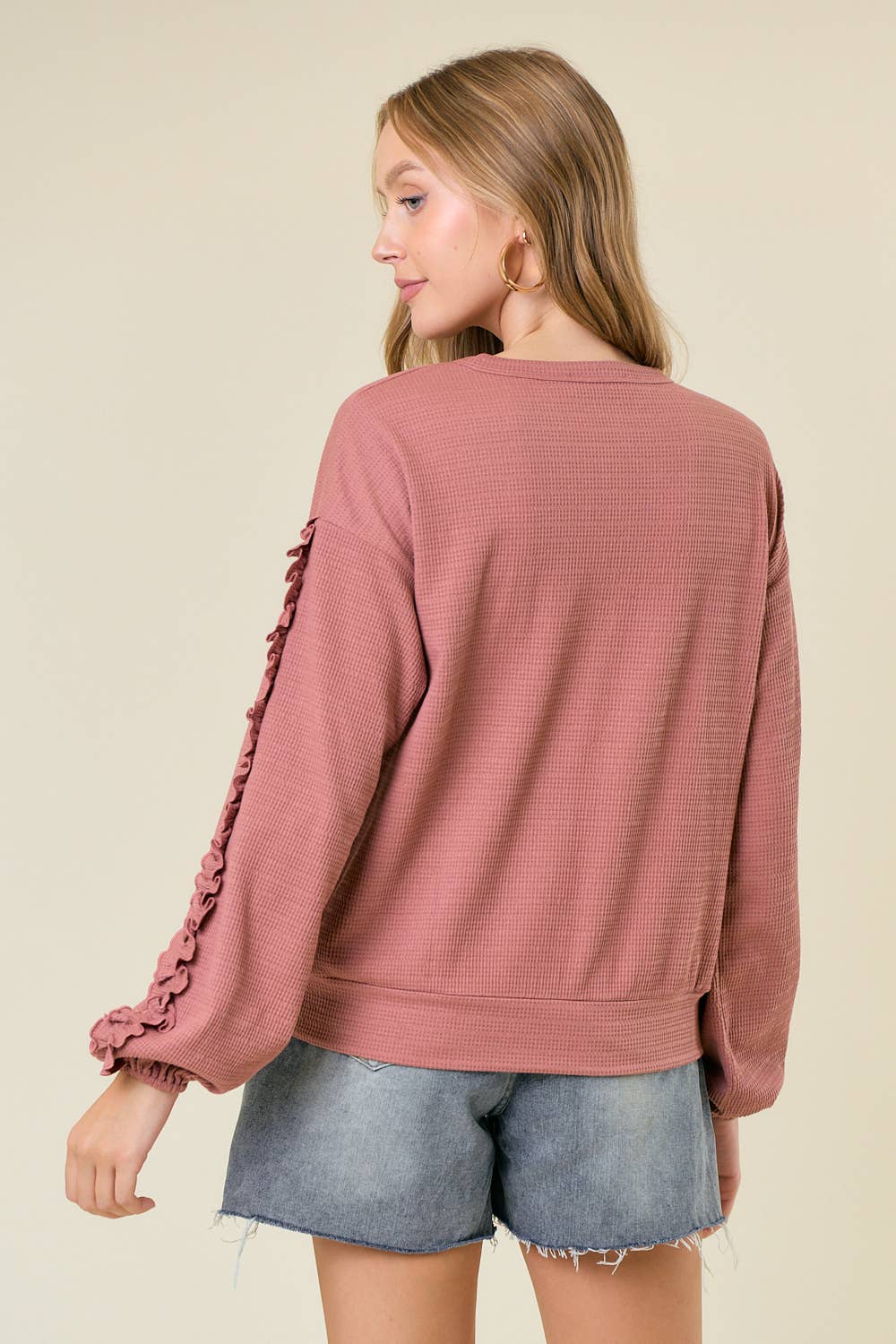 Textured Knit Round Neck Ruffled Long Sleeve Top