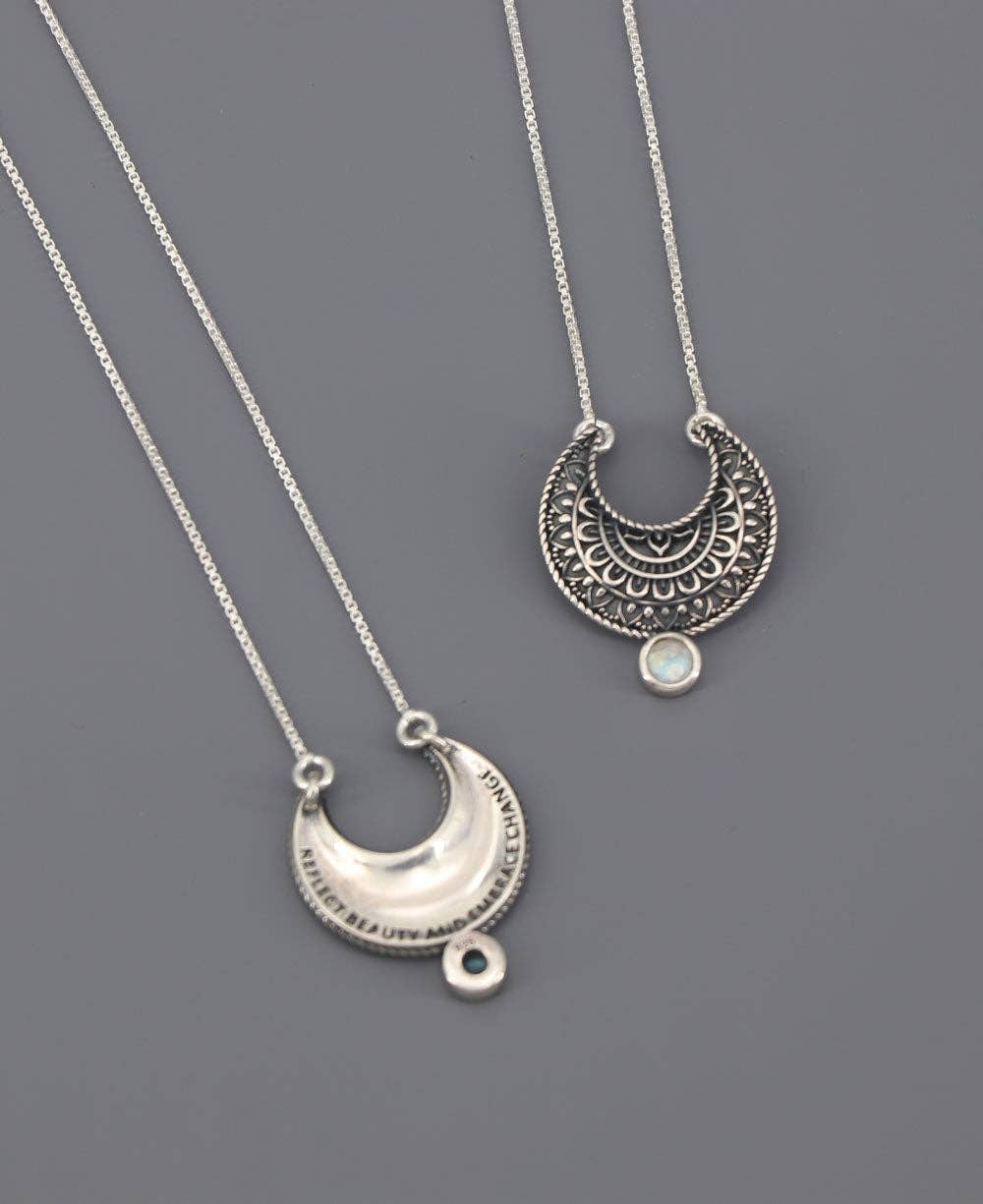 Sterling Silver Moon Phase Mandala Art Gemstone Inspirational Necklace