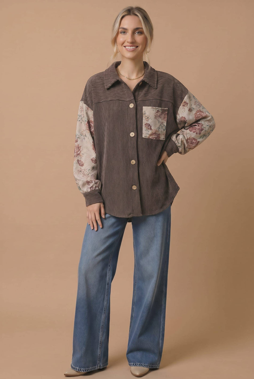Plus Floral Wave Rib Knit Color Block Shirt