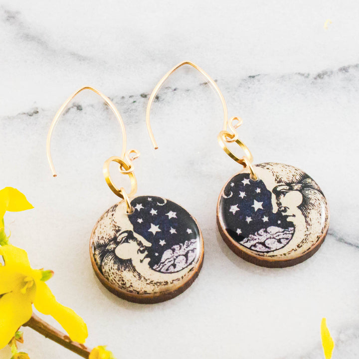Vintage crescent man in moon and stars circle wooden earrings with brass accents and gold-filled ear wires