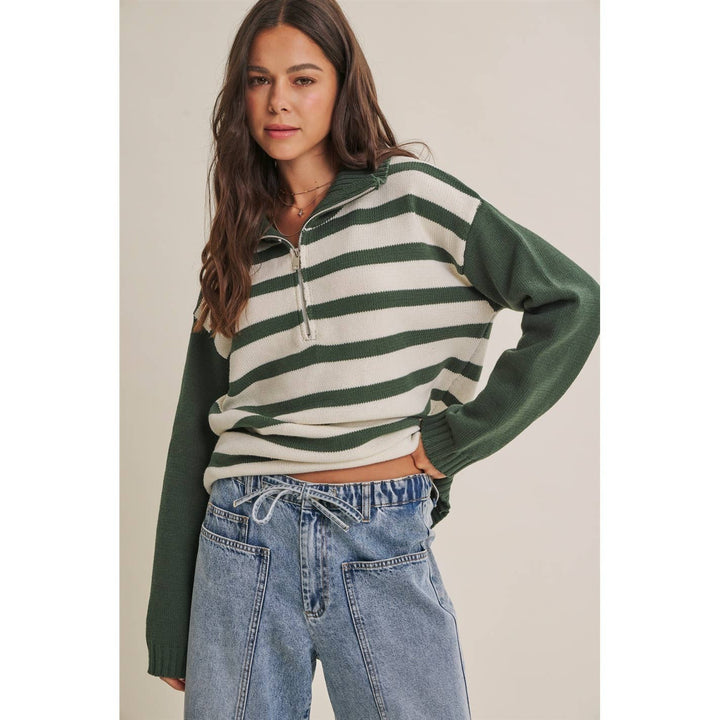 EVERGREEN DAYS CLASSIC HALF ZIP STRIPE PULLOVER SWEATER