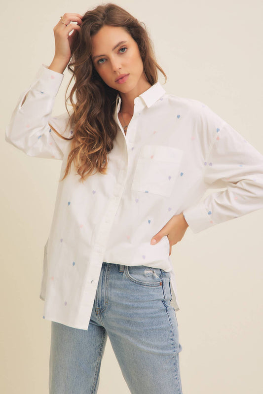 FULL OF HEARTS EMBROIDERY BUTTON DOWN LONG-SLEEVED SHIRT