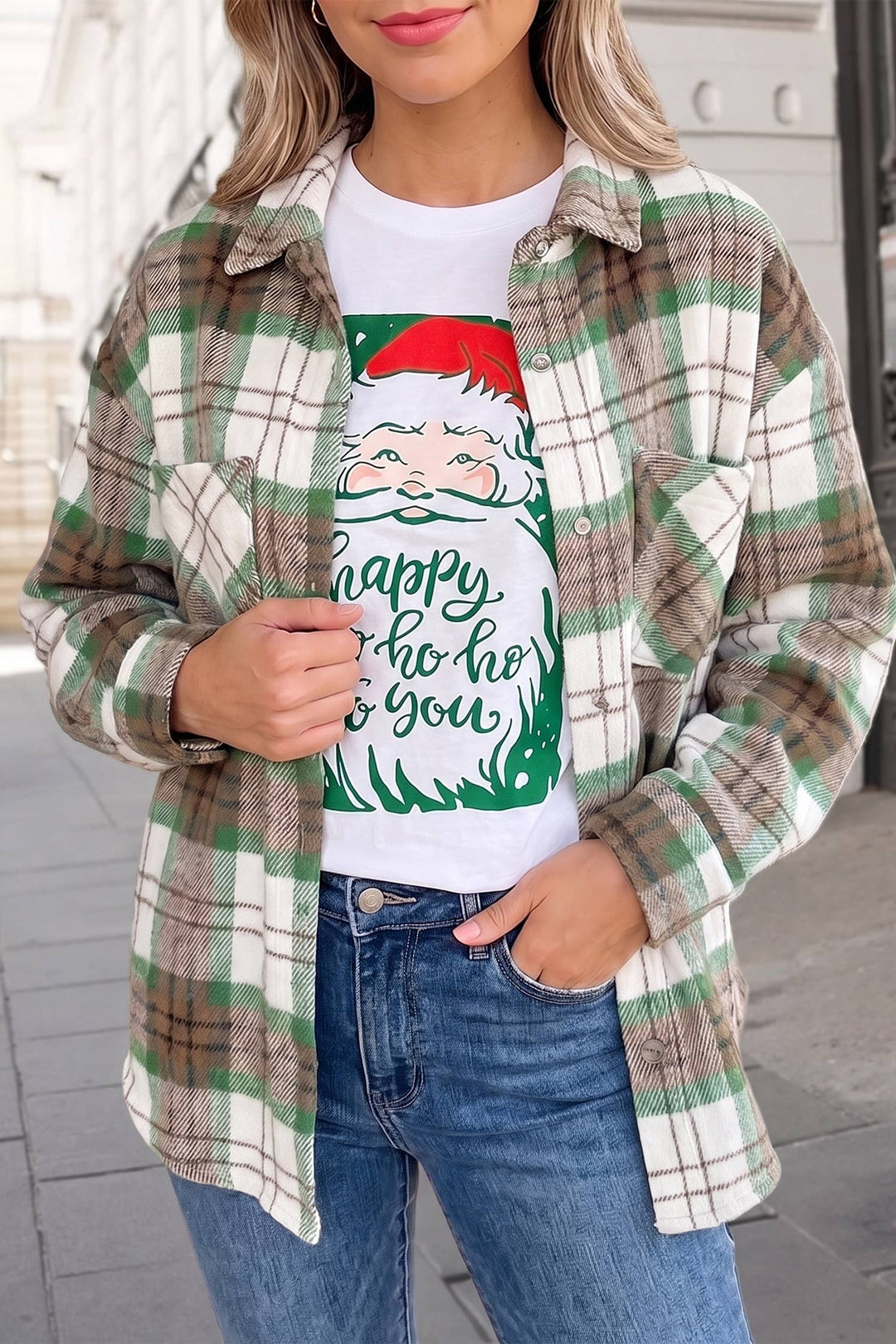 Christmas Plaid Long Sleeve Shacket | S-XL