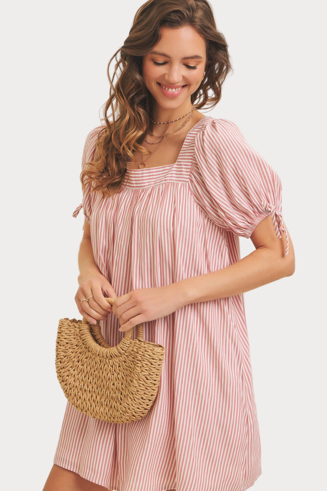 Striped Puff Sleeve Mini Dress | Red & White Square Neck Babydoll Dress