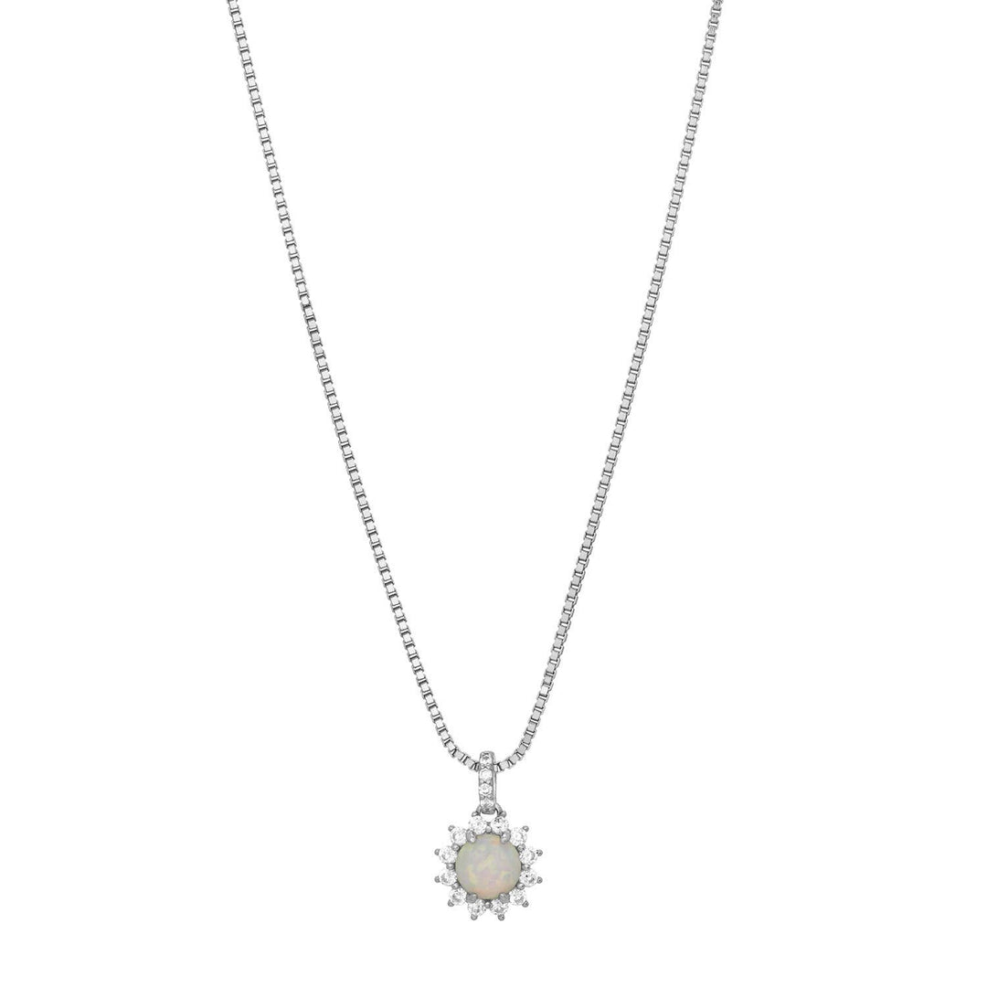 silver necklace with opal center stone and cubic zirconia halo pendant on box chain