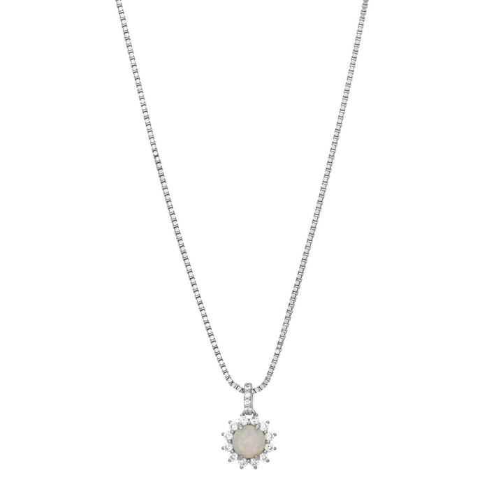 silver necklace with opal center stone and cubic zirconia halo pendant on box chain