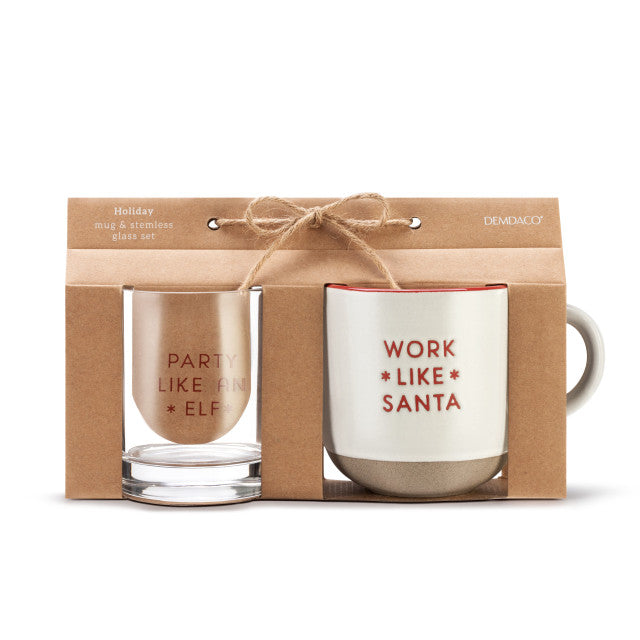 Holiday mug and glass set with “Work Like Santa” and “Party Like an Elf” text