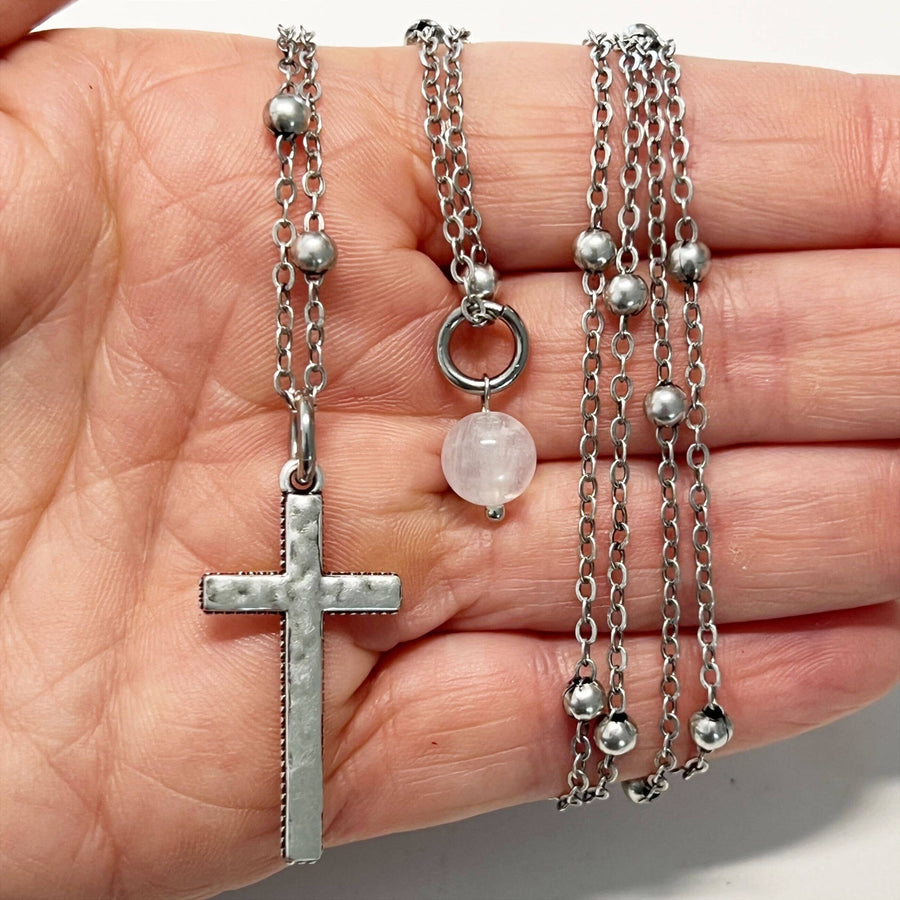 Katia Designs Trust Cross dainty necklace in silver with turquoise heart accent and station chain