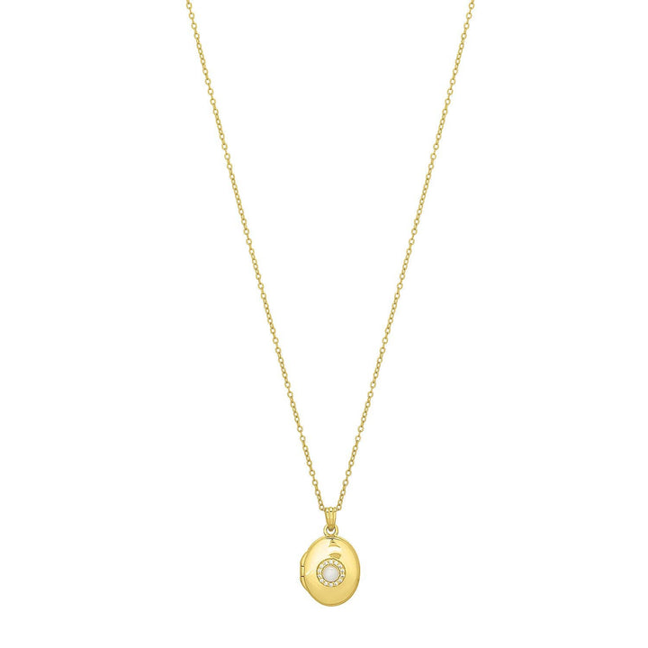 gold locket necklace with pearl center and cubic zirconia detail on delicate chain