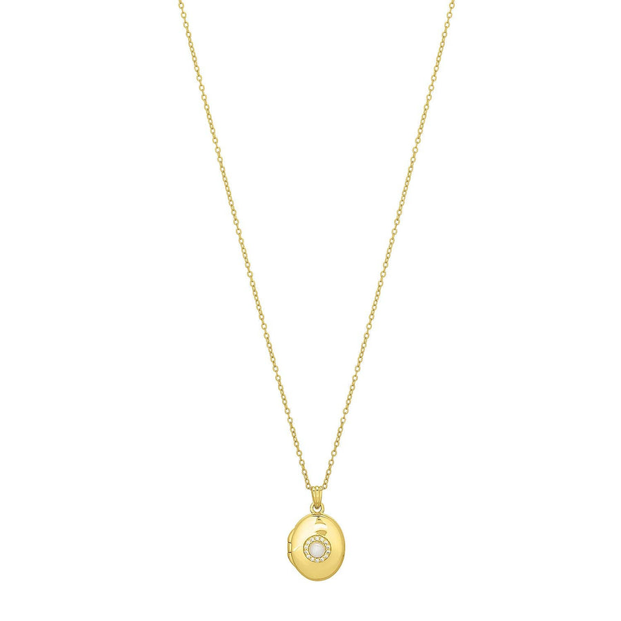gold locket necklace with pearl center and cubic zirconia detail on delicate chain