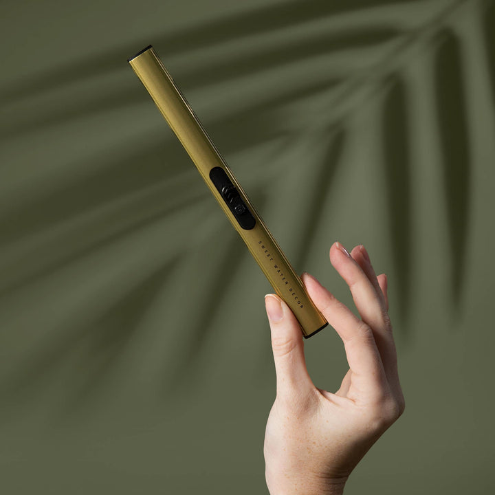 Hand holding a gold electronic lighter against a green leafy background