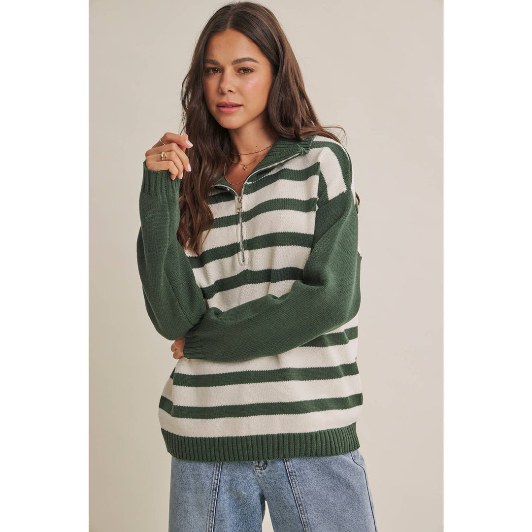 EVERGREEN DAYS CLASSIC HALF ZIP STRIPE PULLOVER SWEATER