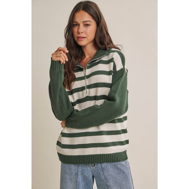 EVERGREEN DAYS CLASSIC HALF ZIP STRIPE PULLOVER SWEATER