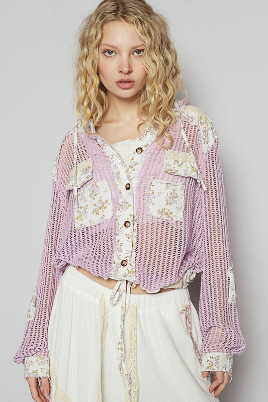 Boho Chic Lilac Mesh Button-Up Top with Floral Patchwork Detail