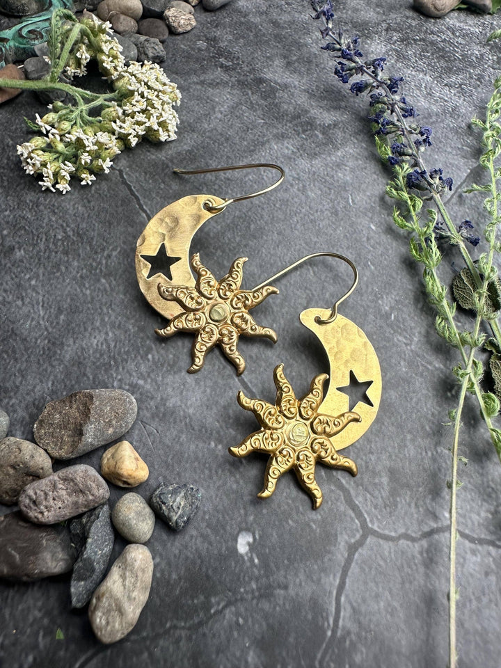 Hand Hammered Brass Sun Moon Earrings, Celestial Art Nouveau