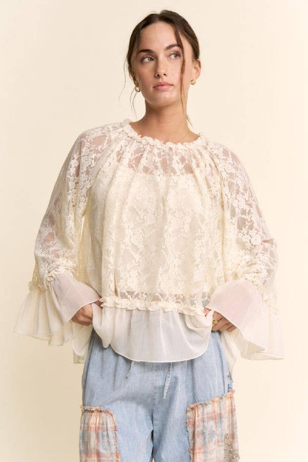 Sheer lace bell sleeve blouse flowy fit boutique top S–3XL