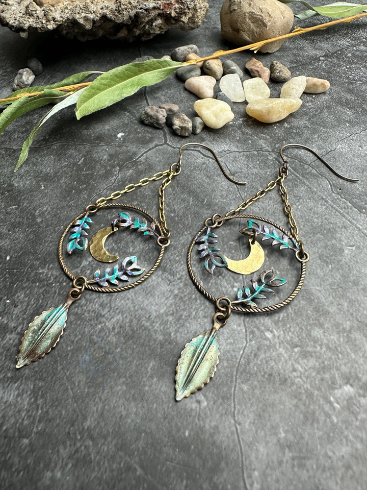 Fern Forest Moon Earrings - Iridescent Patina Brass