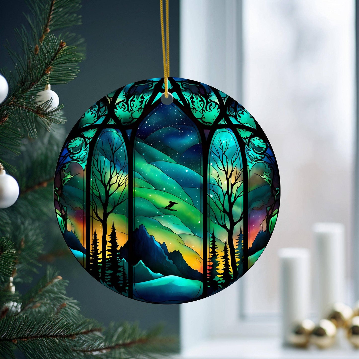 Northern Lights Stained Glass Christmas Tree Ornament