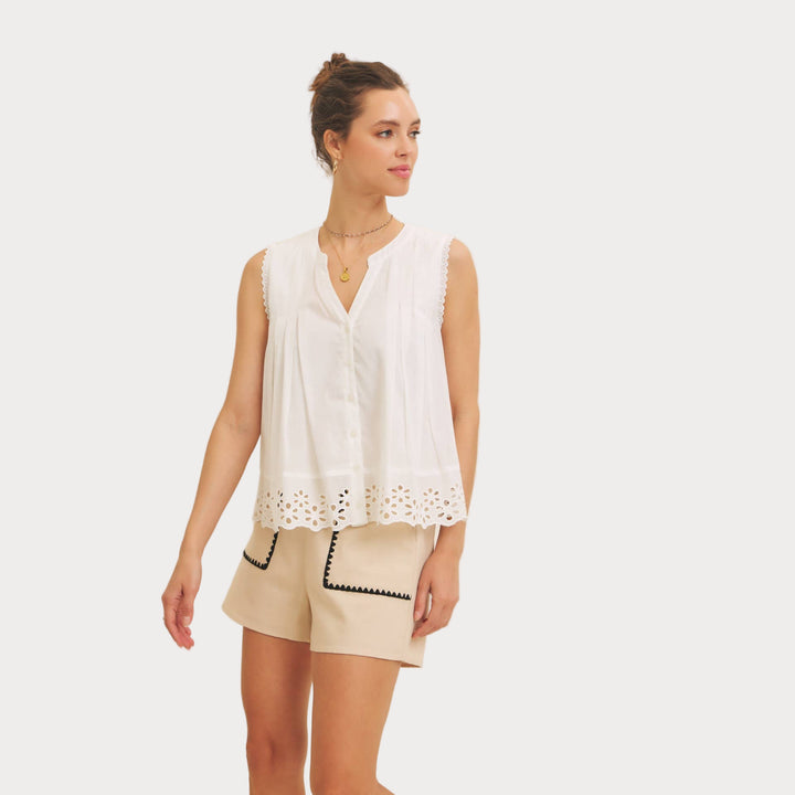 Eyelet Sleeveless Blouse | Button-Front Tank Top