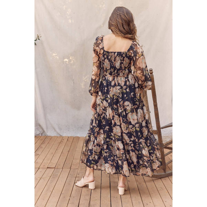 Floral Square Neck Dress w/ Balloon Sleeve