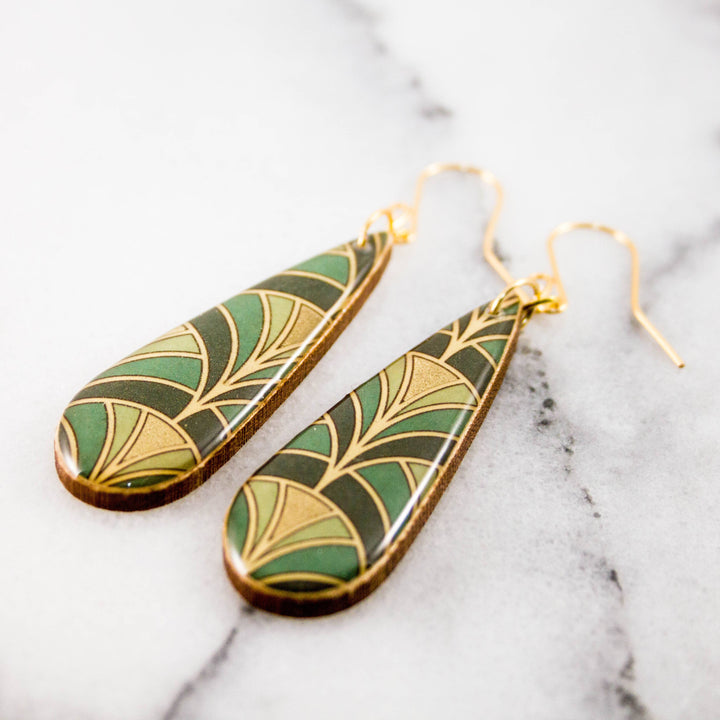Green and gold Art Deco fan wooden teardrop earrings with geometric pattern and sterling silver ear wires