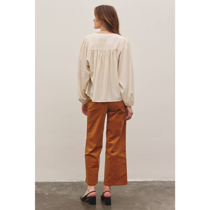 Split Neck Balloon Sleeve Blouse
