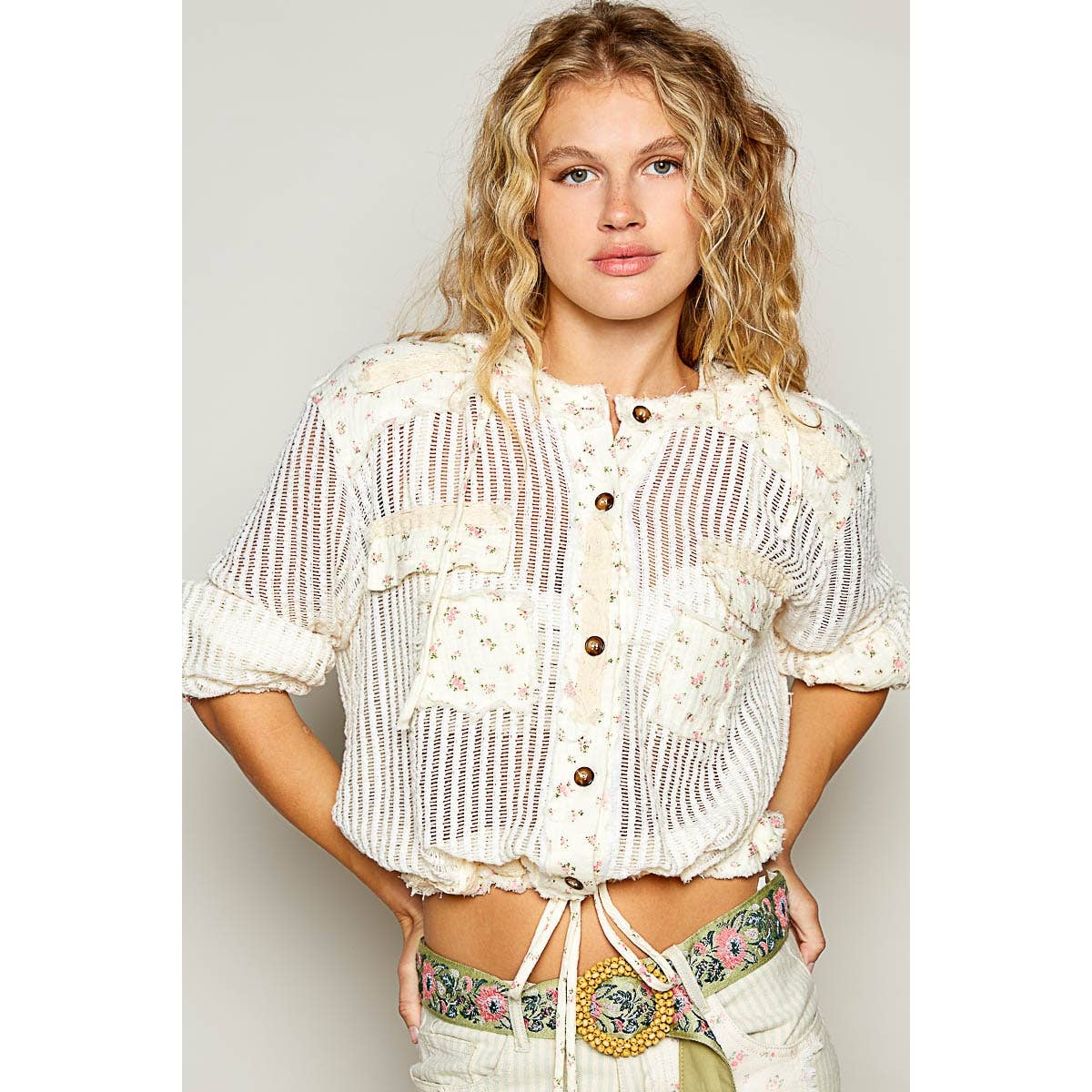 Boho Chic Lilac Mesh Button-Up Top with Floral Patchwork Detail