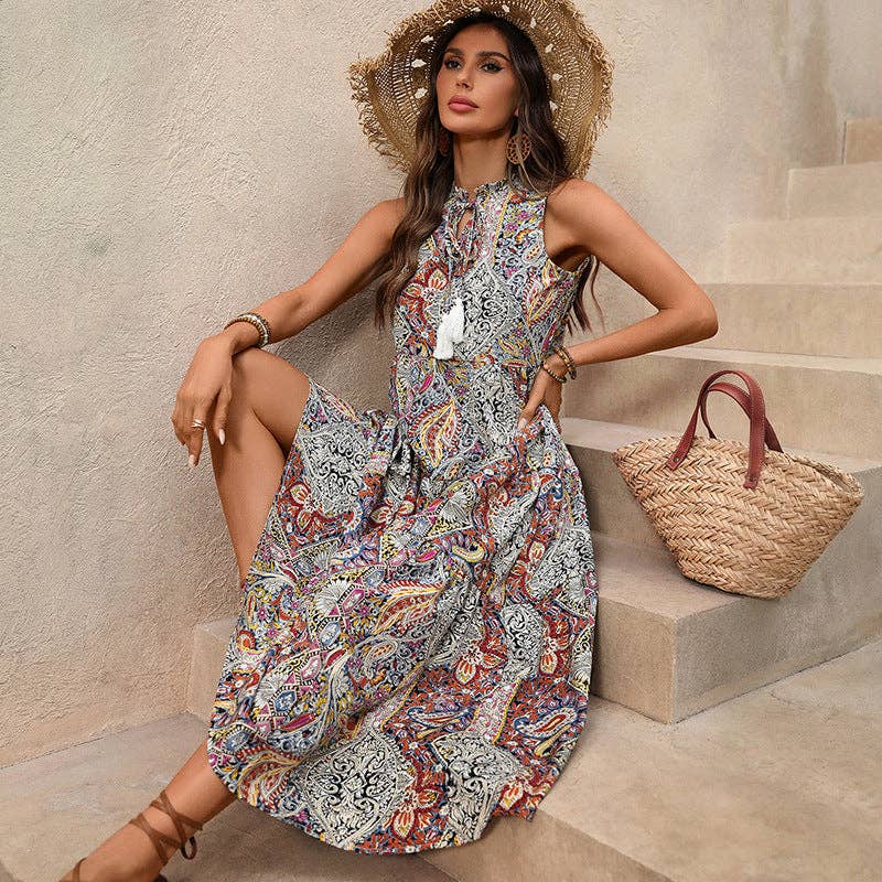 Boho Paisley Tassel Maxi Dress