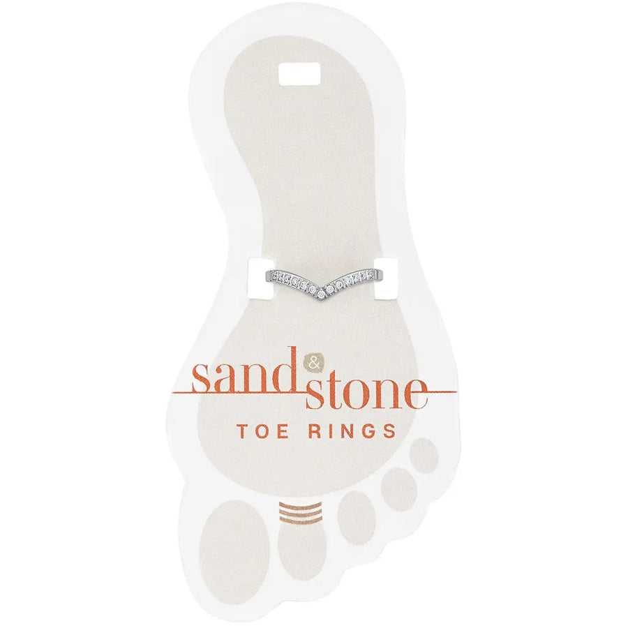 Silver V-shaped toe ring with cubic zirconia stones on display card