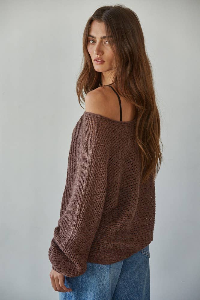 W1106 | Sweater Knit Crochet Round Neck Long Sleeve Top