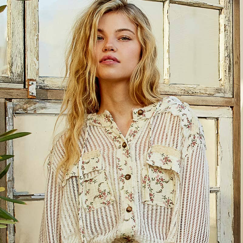 Boho Chic Lilac Mesh Button-Up Top with Floral Patchwork Detail
