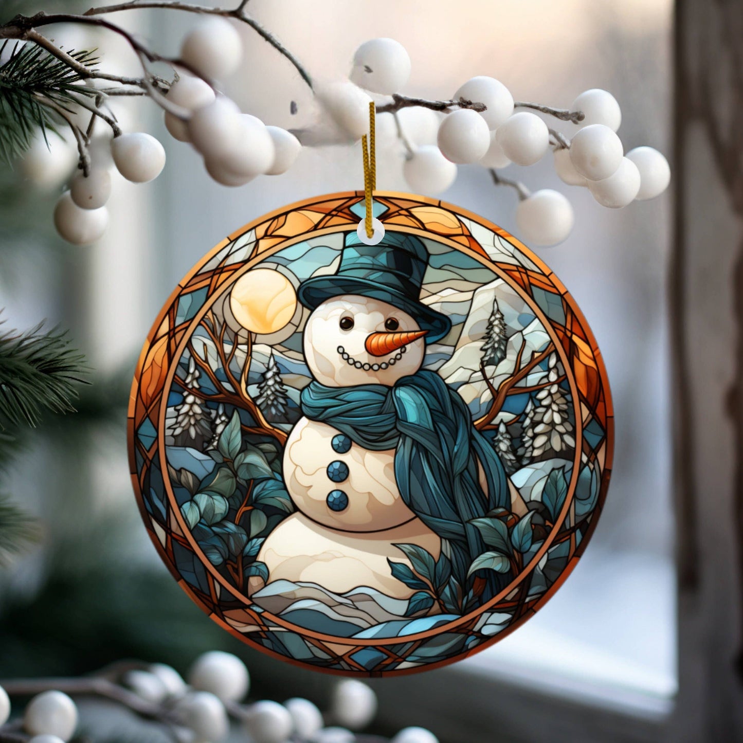 Snowman Christmas Keepsake Ornament in Stained Glass Style