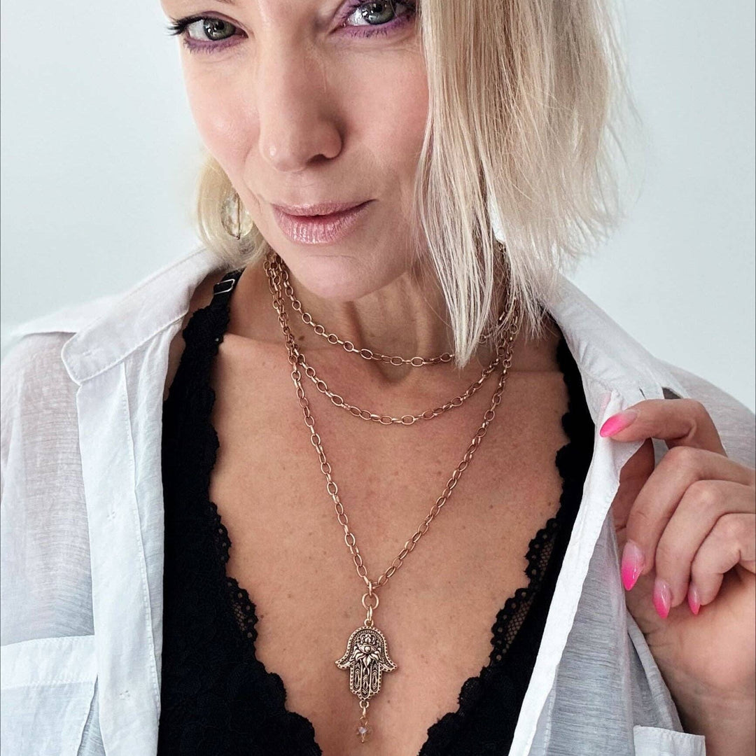 Peace Hamsa Crystal Rosary Necklace Layering Set