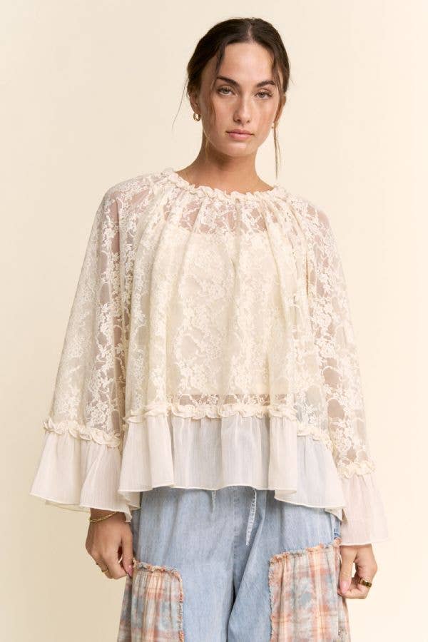 Sheer Lace Bell Sleeve Blouse