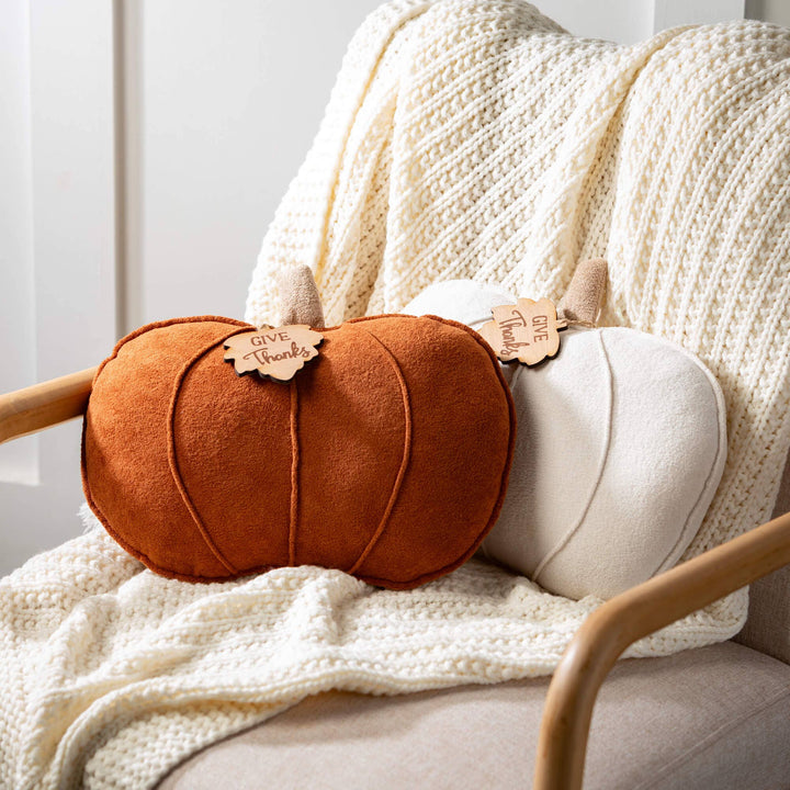 Pumpkin Pillow with "Give Thanks" Wooden Leaf Tag