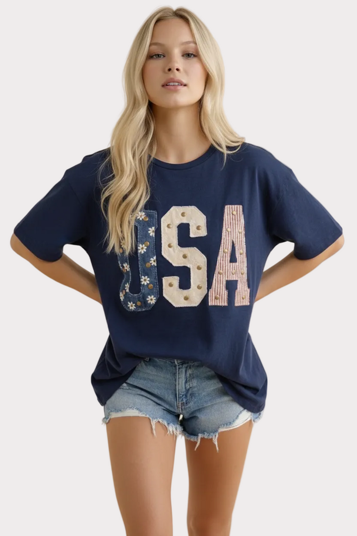 Mixed-Media Studded USA Graphic Tee